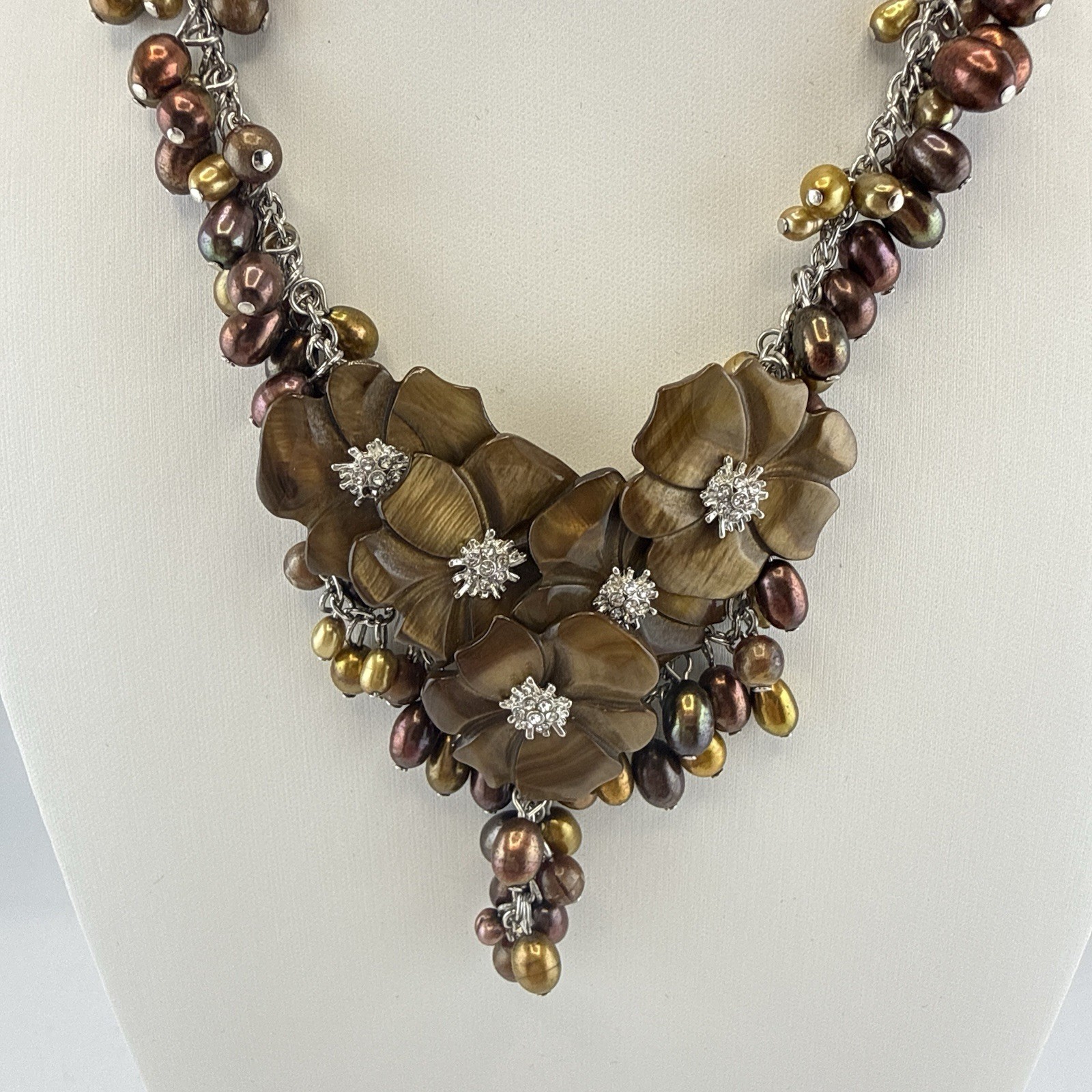 Tigers Eye Pearl Necklace Earrings Set Floral Waterfall Cluster Silver Tone QVC