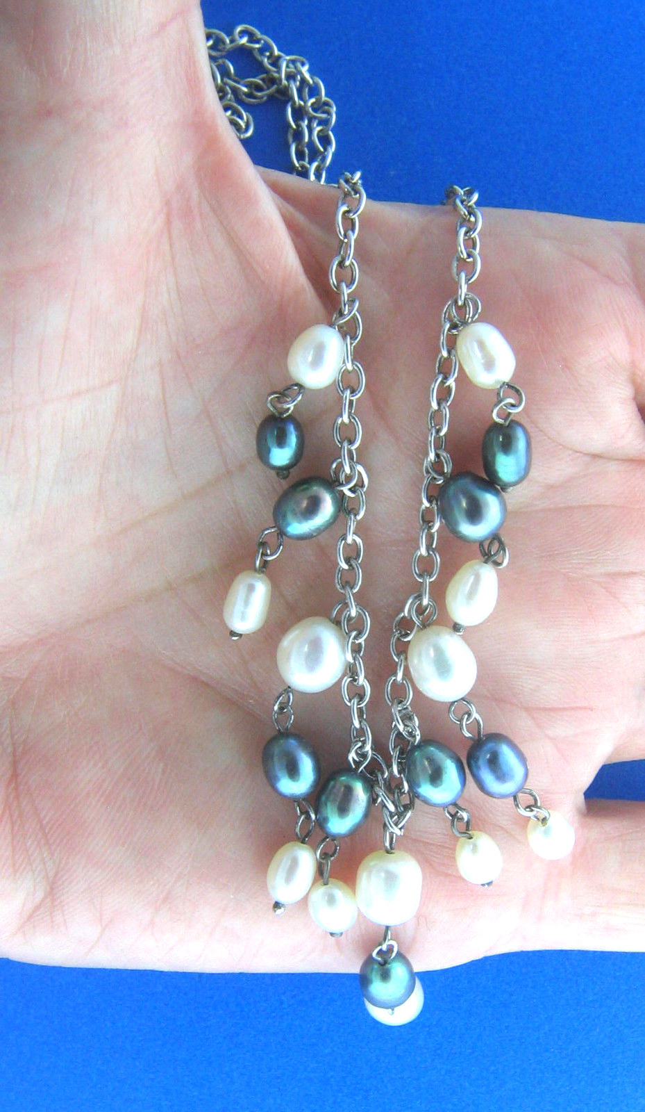 Gray And White Baroque Pearl Fringe Necklace 16 Inch 925 Silver