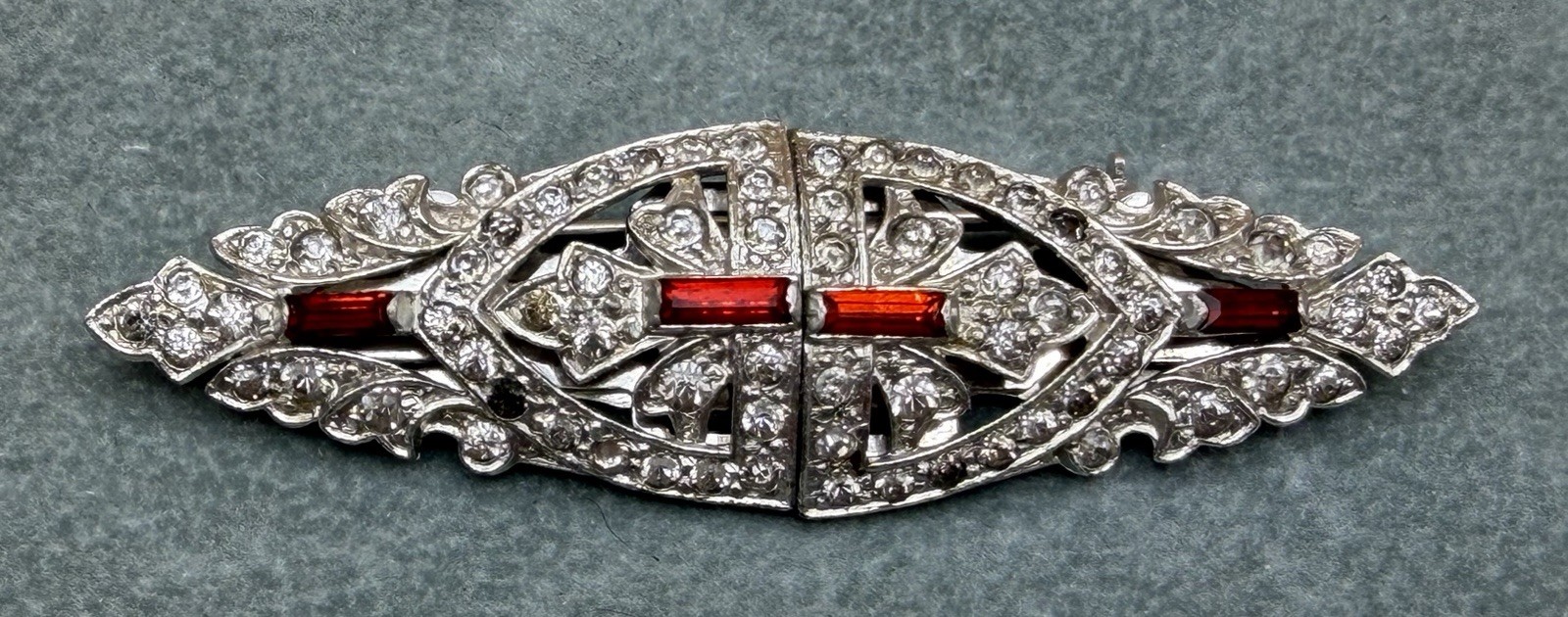 Vintage Art Deco Duette Dress Clip Brooch Red Baguette Rhinestone