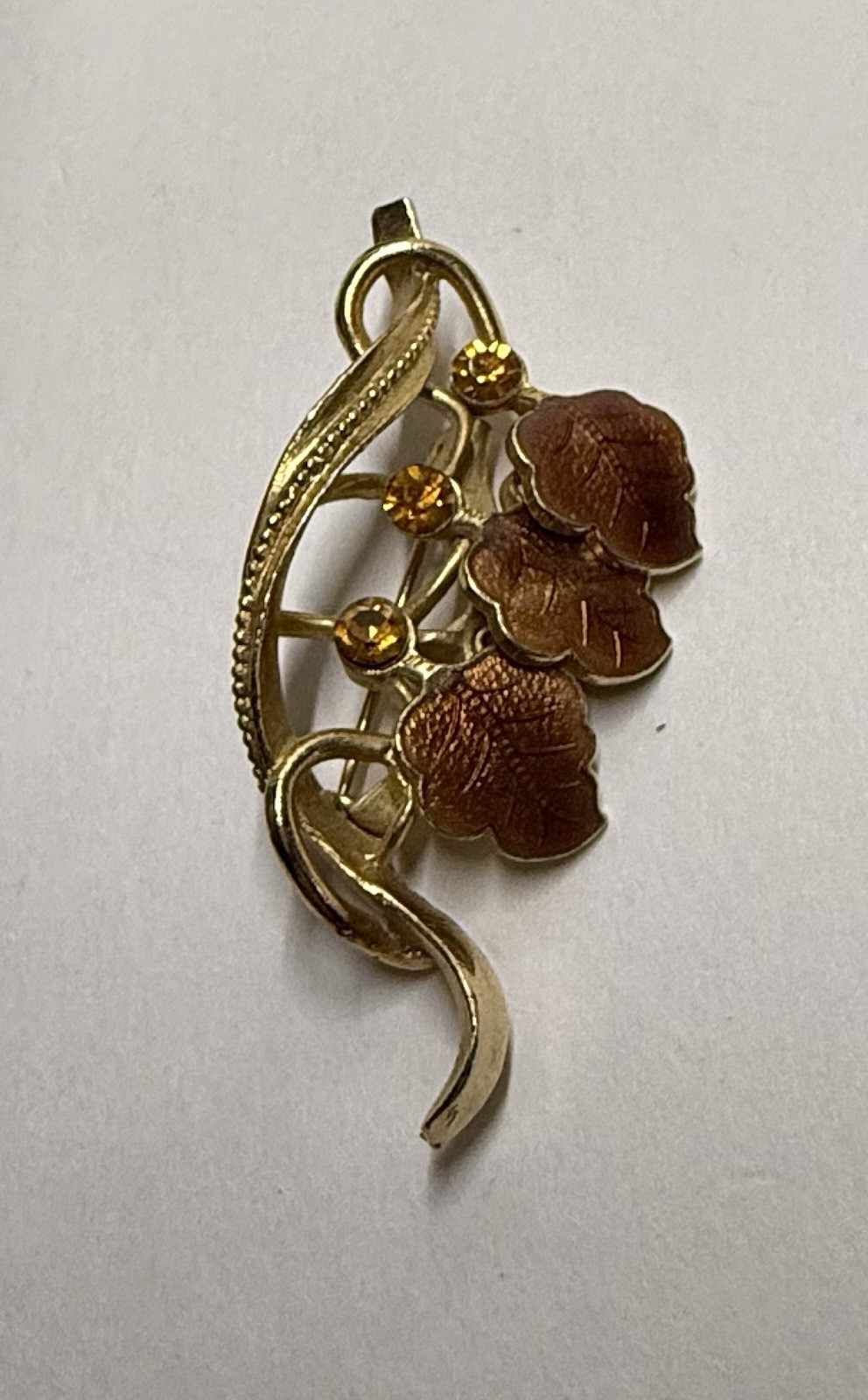 Vintage Amber Rhinestones & Enamel Triple Leaf Gold Tone Brooch Pin 2.25”