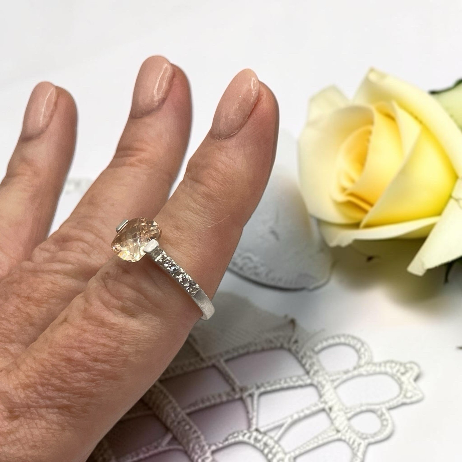 Pale Yellow Citrine CZ w/ Accents 925 Sterling Silver Cocktail Ring, size 8.25