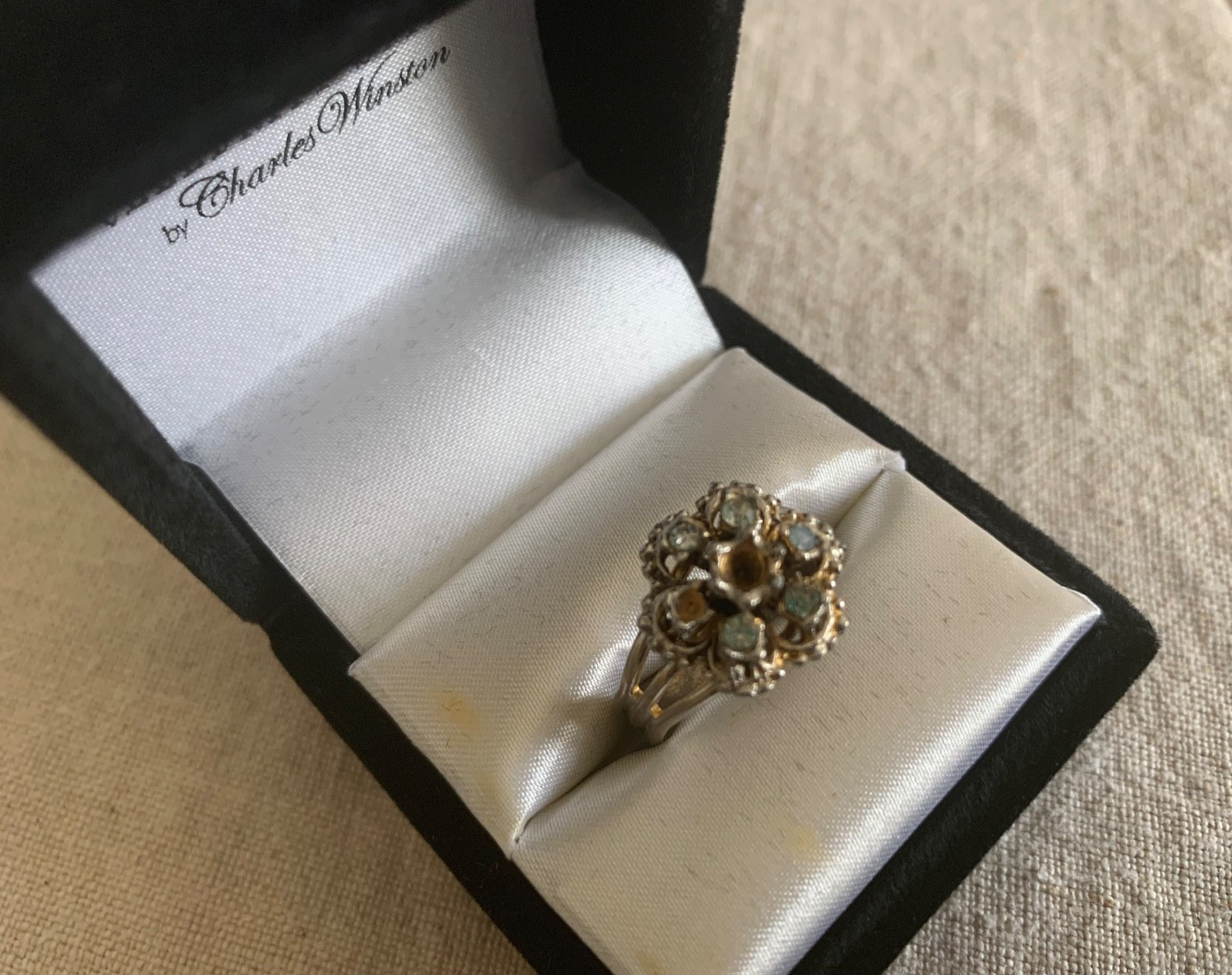 Vintage Floral Cluster Ring Adjustable Silver Tone Rhinestone Missing Stone