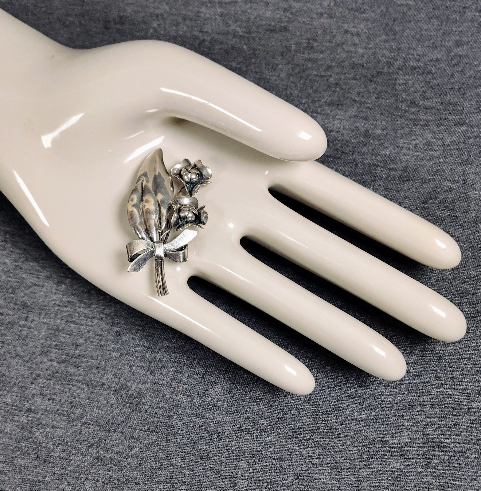 Vintage Mid Century Sterling Silver Handmade Floral Bow Bouquet Brooch Pin