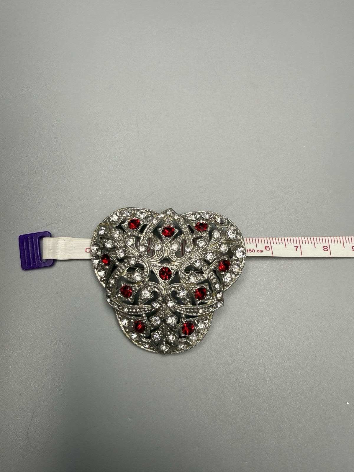 Brooch 1930s Pot Metal New England Glassworks Red & Clear Rhinestone VTG 5.1cm