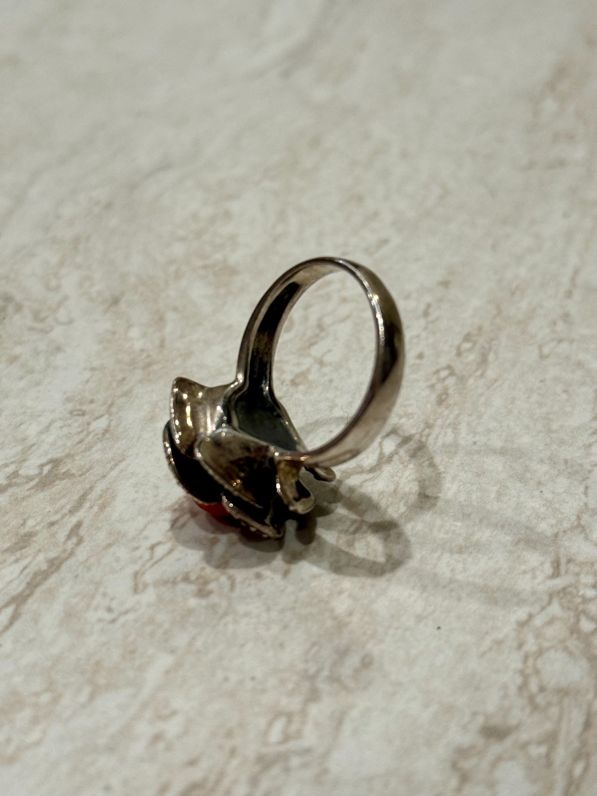 VTG Flower Ring Size 8 Sterling Silver Rose Red Coral Marcasite Gem Cocktail