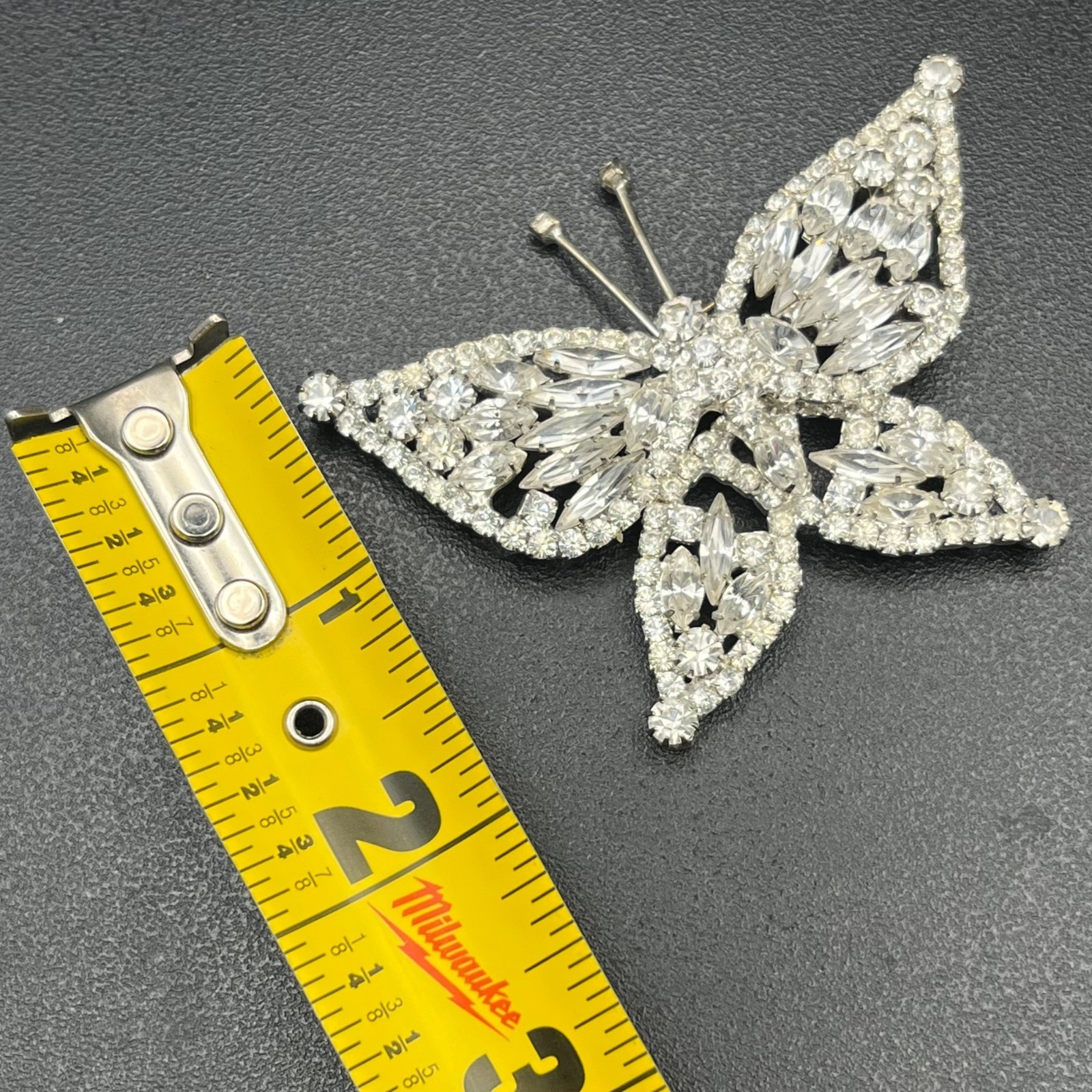Mid Century Rhinestone Butterfly Brooch Silver Tone Navette Wings