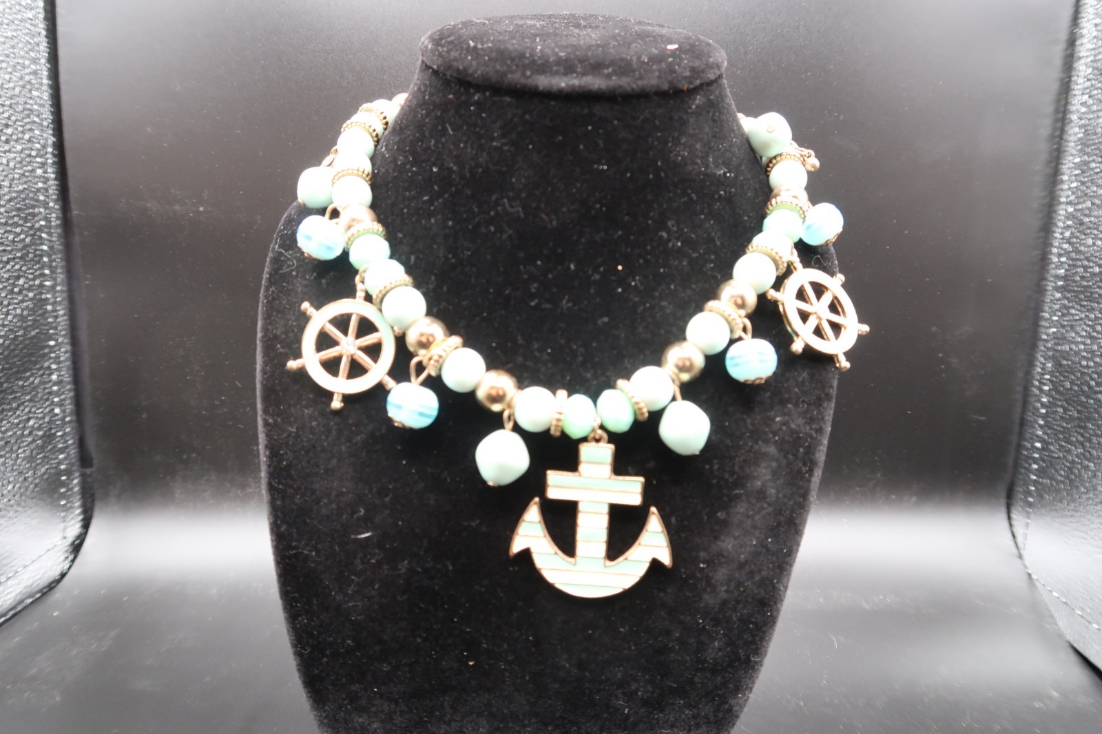 Vtg Nautical Beaded Charm Station Necklace Anchor Ship Wheel Teal & White Enamel