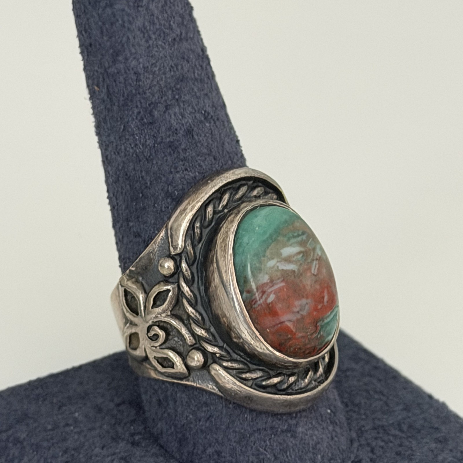 Vintage 925 Sterling Silver Big Bloodstone Southwest Chunky Heavy Ring Sz 10.25
