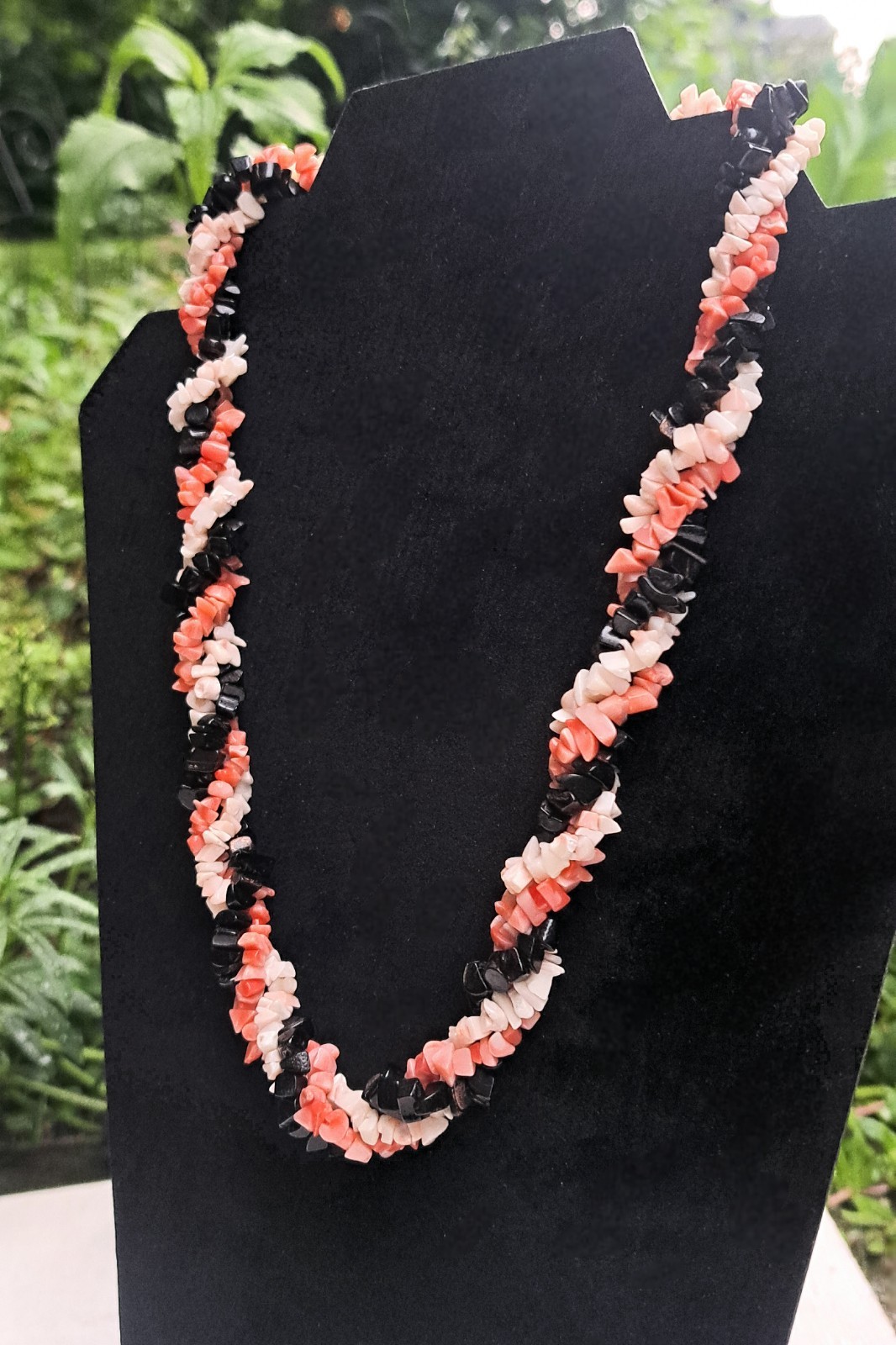 Gorgeous Pink Angelskin/Black/White Coral Necklace 19″ w/ Antique Fishhook Clasp
