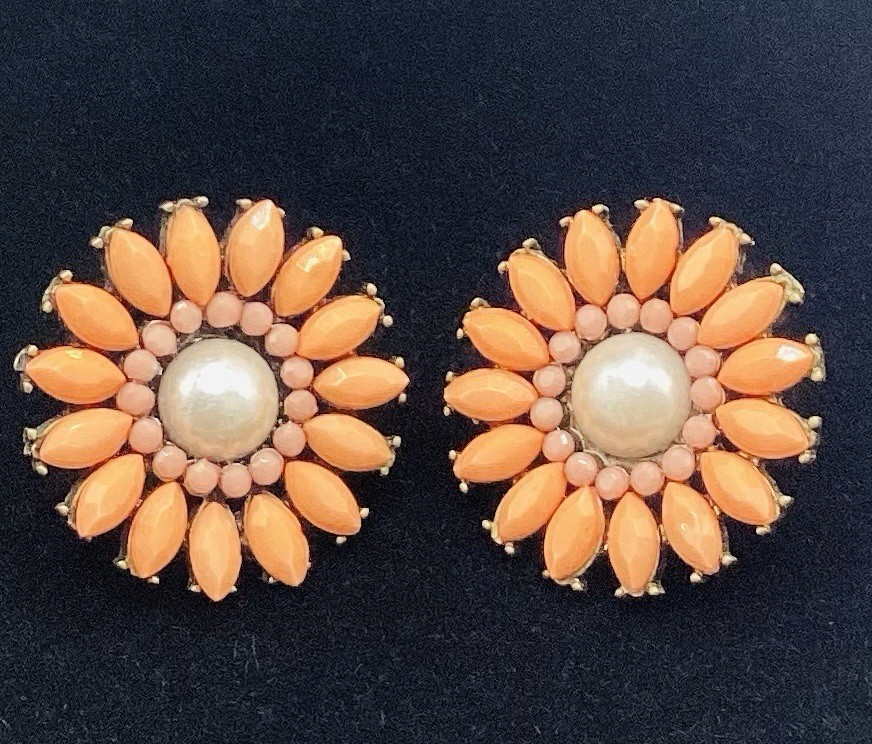 Vintage Enamel Peachy Coral Orange & Muted Light Pink Flower Earrings