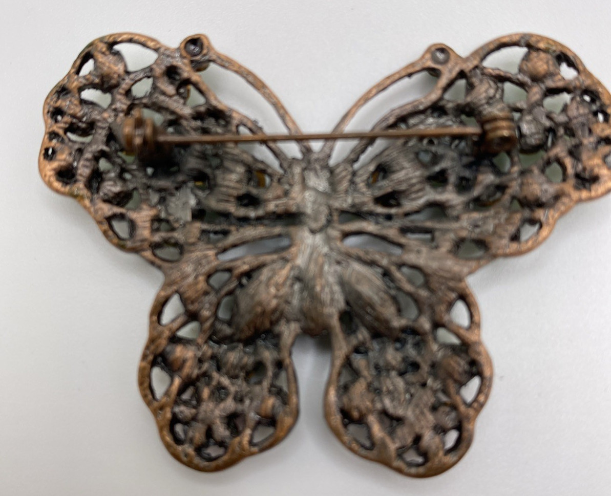 Butterfly Brooch Pin With Green and Pink Rhinestones Vintage