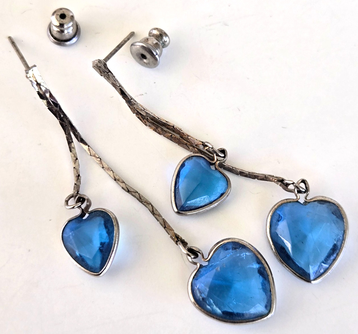 Vintage Blue Acrylic Crystal Heart Open Bezel Silver Tone Pierced Earrings 2″