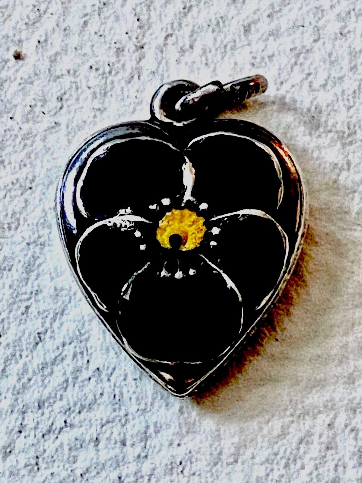 Antique Sterling Silver Puffy Heart Charm Black Enamel Mourning Pansy Flower