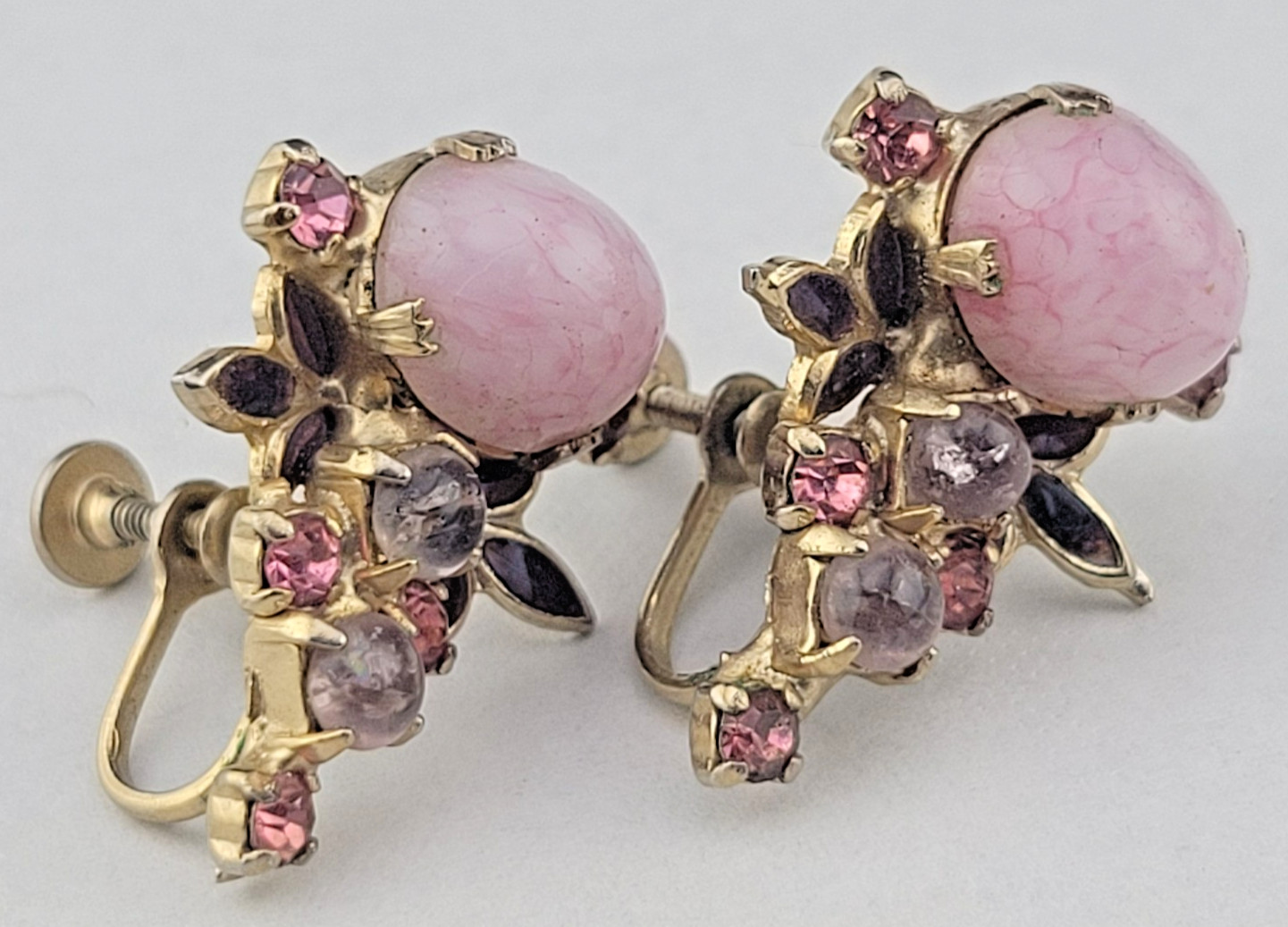 Victorian Pink Molded Glass Gripoix Cabochon Purple Enamel Screw Earrings 1 1/8″
