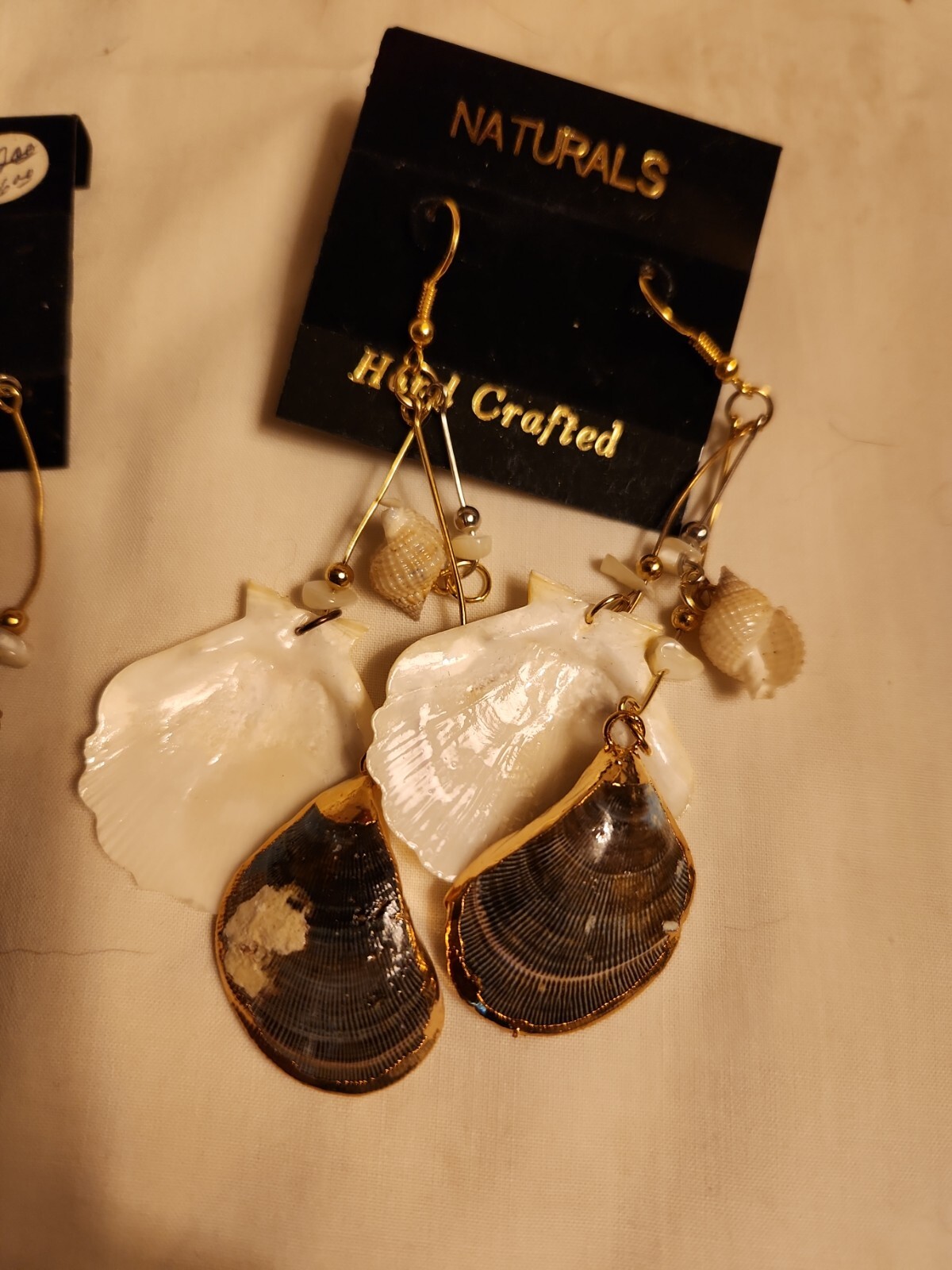 Vtg Sea shell pendant gold trim foil natural estate Lot 4″Dangle Earring Jewelry