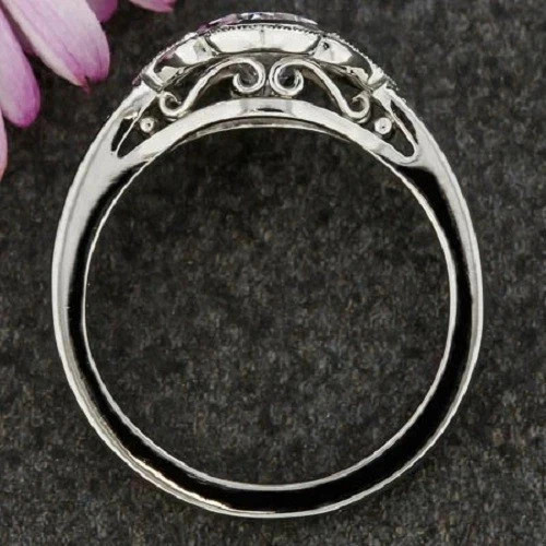 Art Deco Style Filigree Oval Lab Created Diamond Wedding 14K White Gold FN Ring