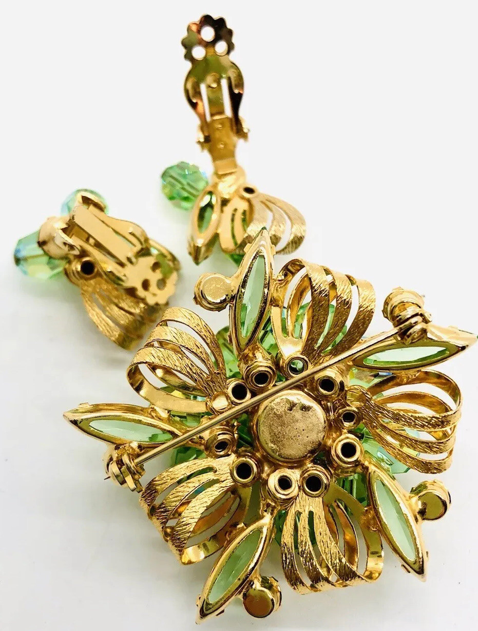JULIANA Delizza Elster URANIUM GLASS Rhinestone Brooch Earrings Vintage Jewelry