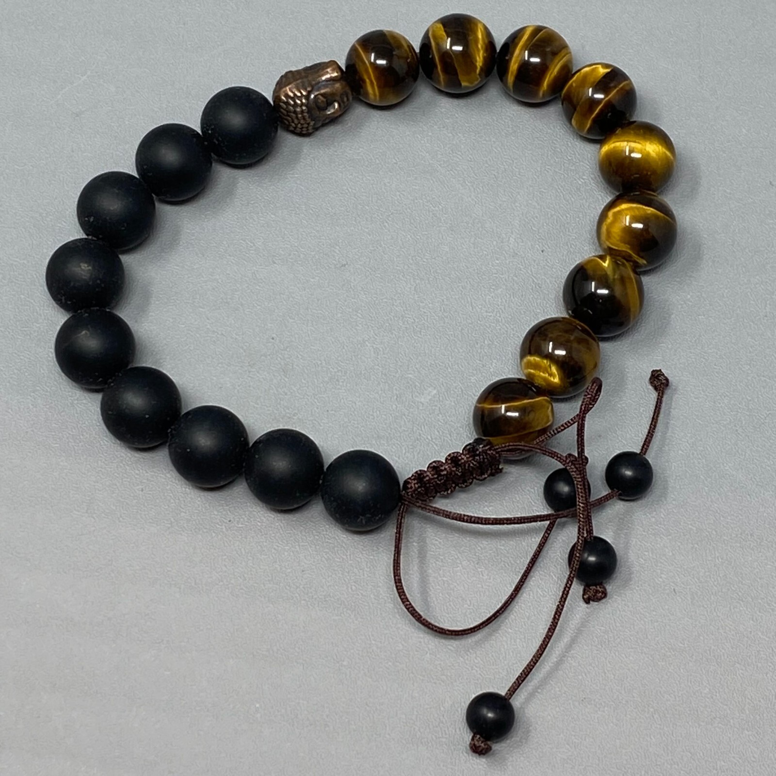 Mixed Stone Bracelet Gold Tigers Eye Black Matte Beads Buddha Head Slide 7-8″