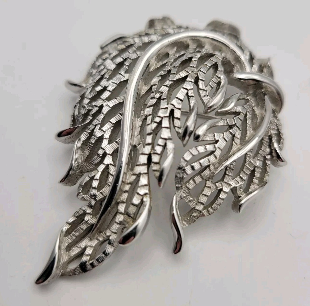 Vintage Crown Trifari Brooch Silver Tone Nature Leaf Swag Matte Polished Signed