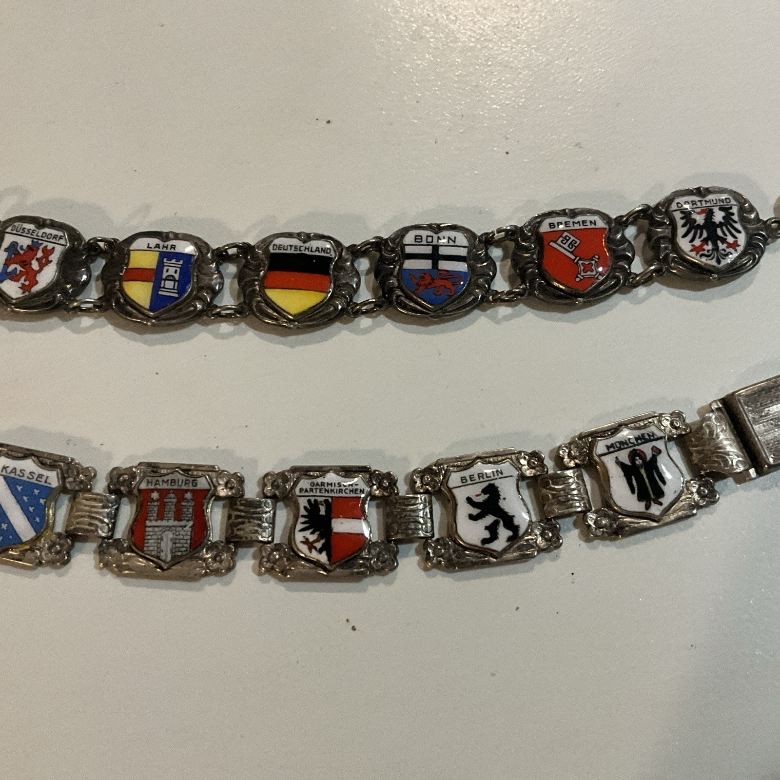 2 Vintage Coat Of Arms Heraldic Enamel Panel Bracelet 1950s GERMANY SILVERPLATED