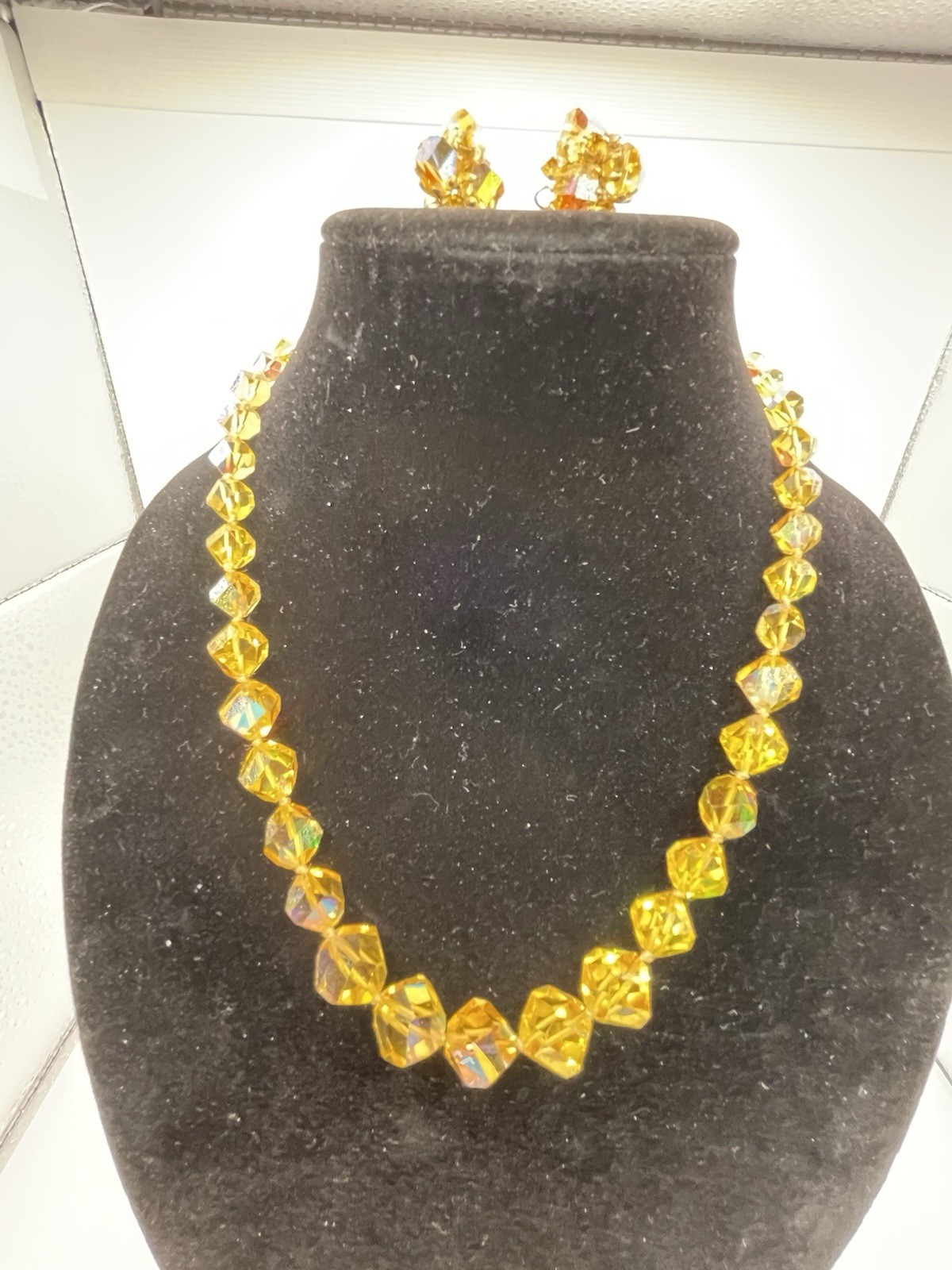 Vintage Vogue Honey Amber Faceted Czech Glass Necklace And Earring Demi- Parure