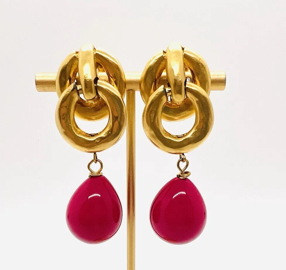 Large LES BERNARD Bright Pink Beaded Drop Dangle Earrings Signed Vintage Jewelry