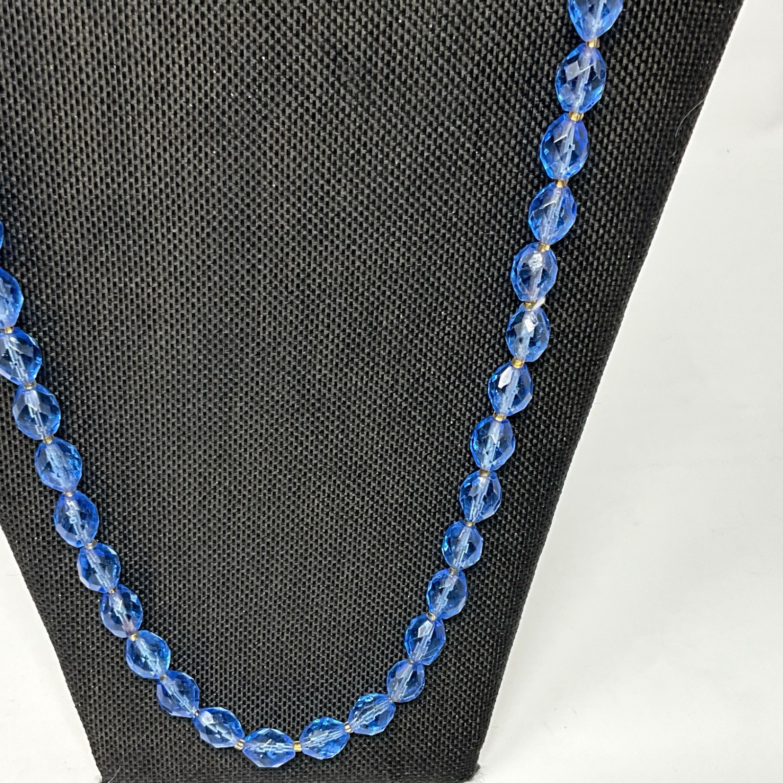 Vintage 20″ Faceted Blue Glass Bead Necklace and Dangle Clip Earrings Set