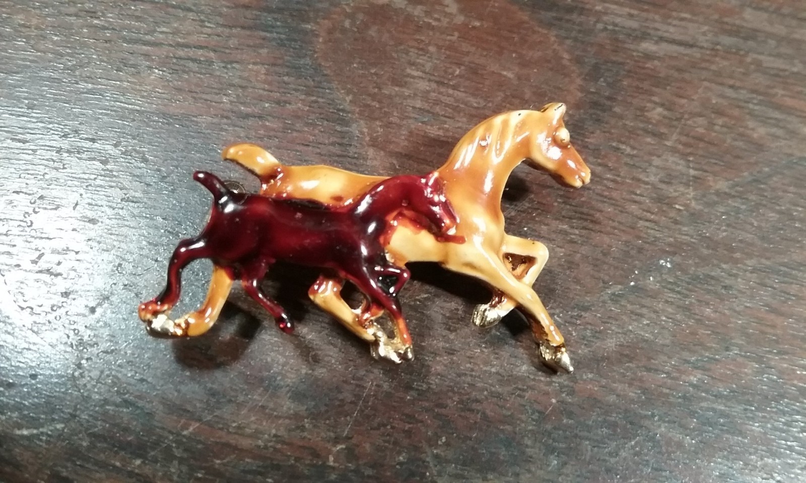Vintage Enamel Mother & Foal Horses Equestrian Brooch