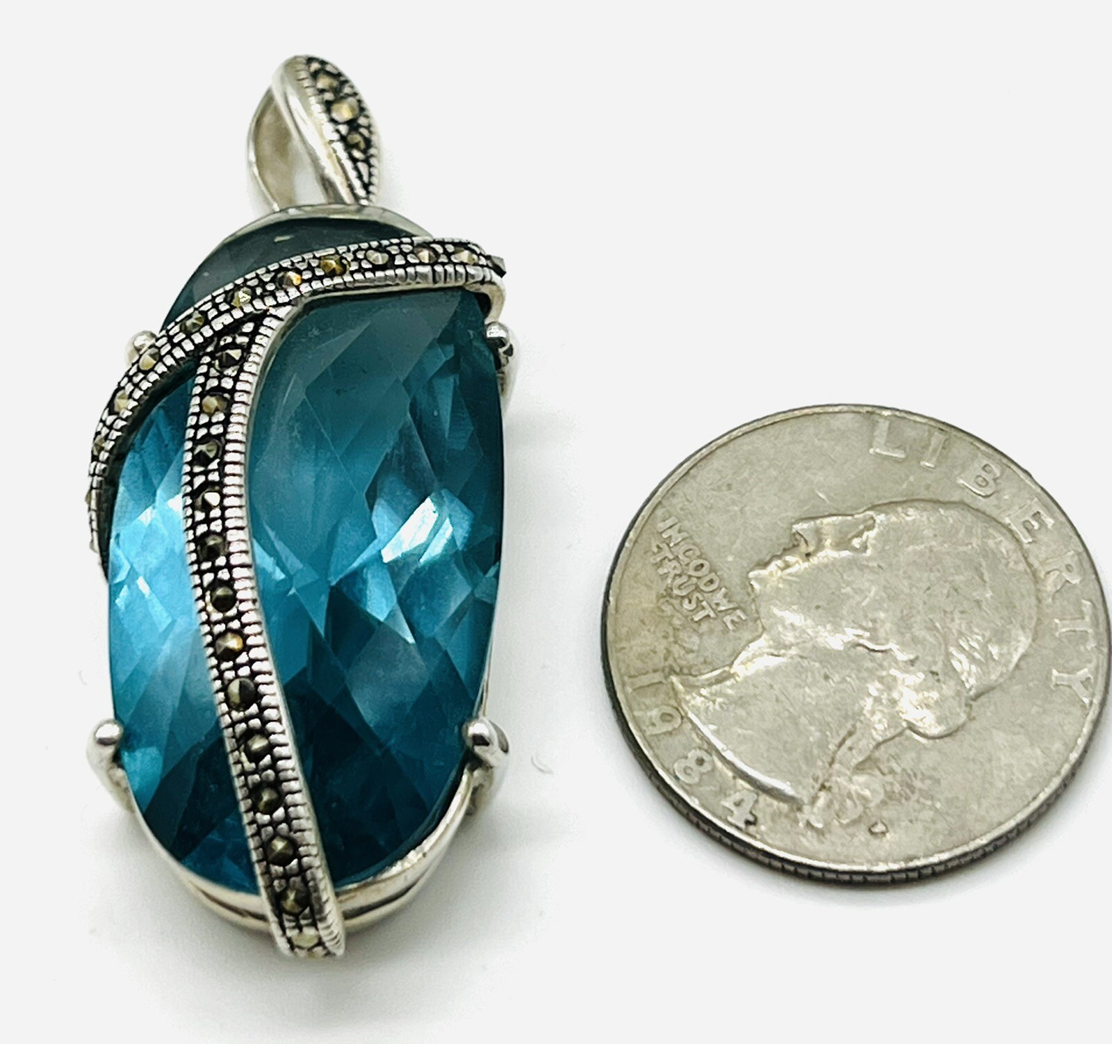 Necklace Blue Crystal Glass STERLING SILVER MARCASITE OVAL STONE NOS 1980’s