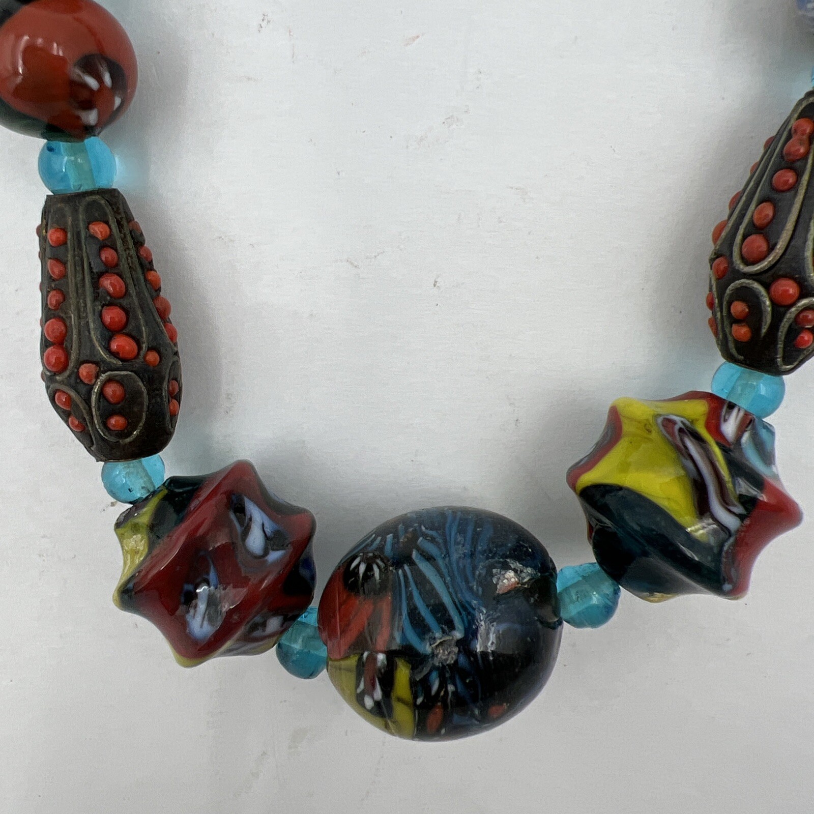 Vtg Murano Millefiori Venetian Oval Glass Different Shapes Bead Necklace