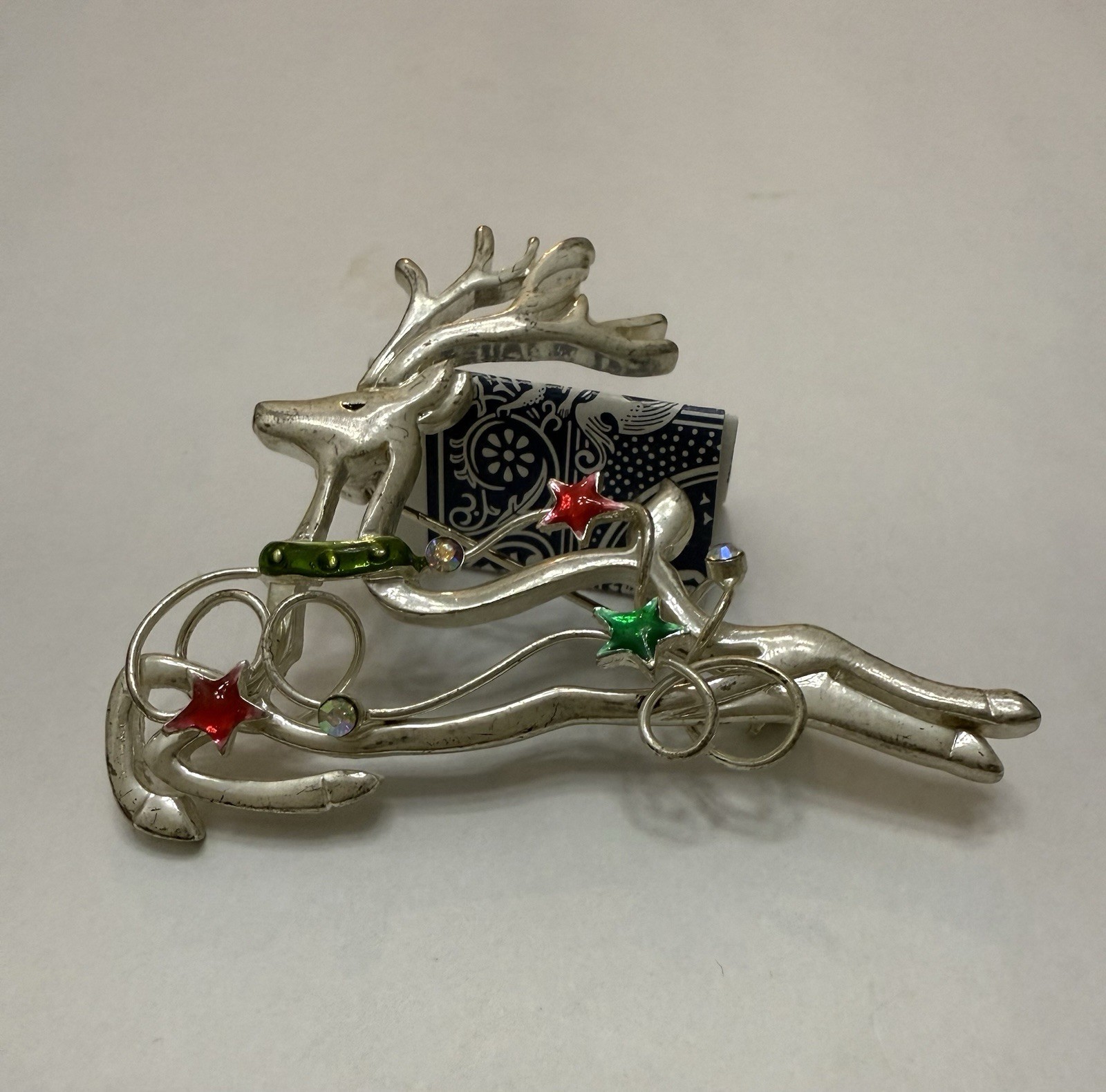 Silver Tone Reindeer Brooch Pin Accented with Aurora Borealis Rhinestones 2.5