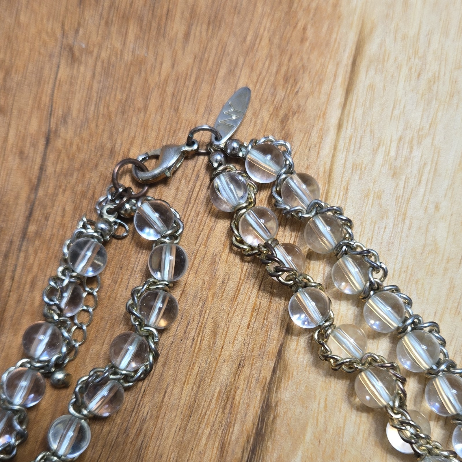 Vintage Layered Clear Glass Beaded Necklace with Hook Clasp and Metal Chain