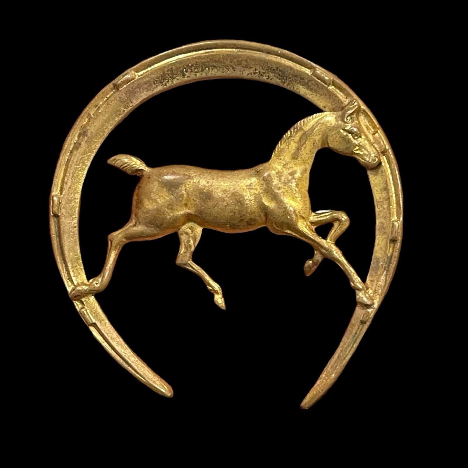 Horseshoe Pin Running Horse Riding Trotter Equestrian Brass Vintage Brooch Lucky