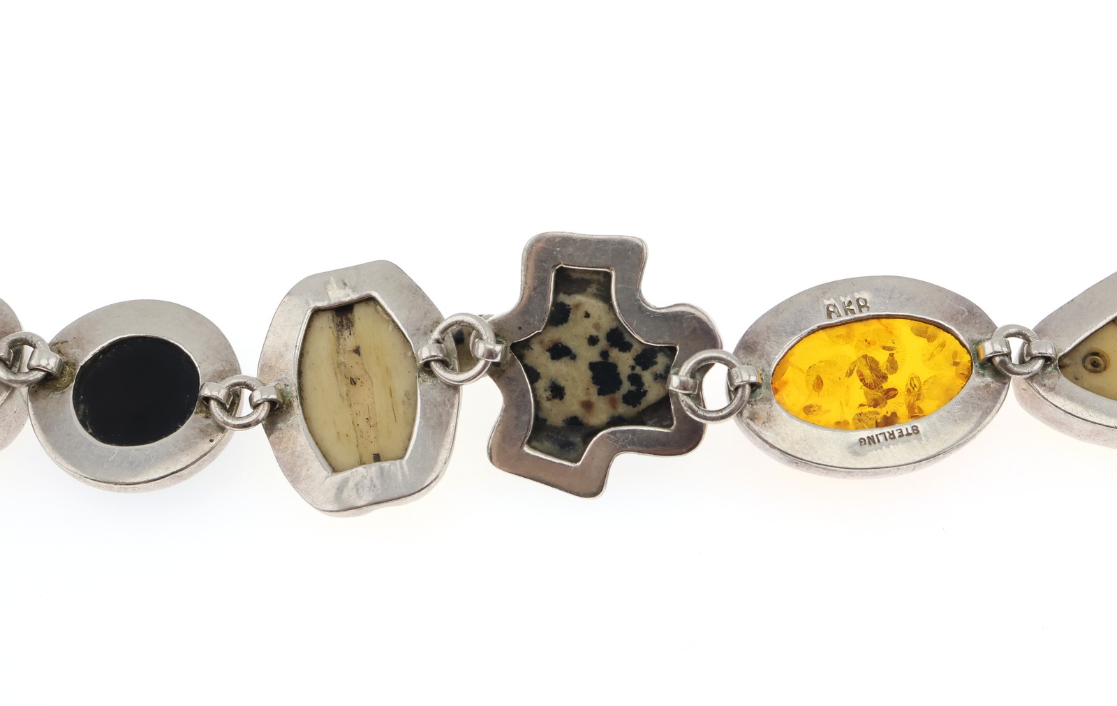 Amy Kahn Russell Sterling Silver Carved Stone 7.5 Inch Link Bracelet