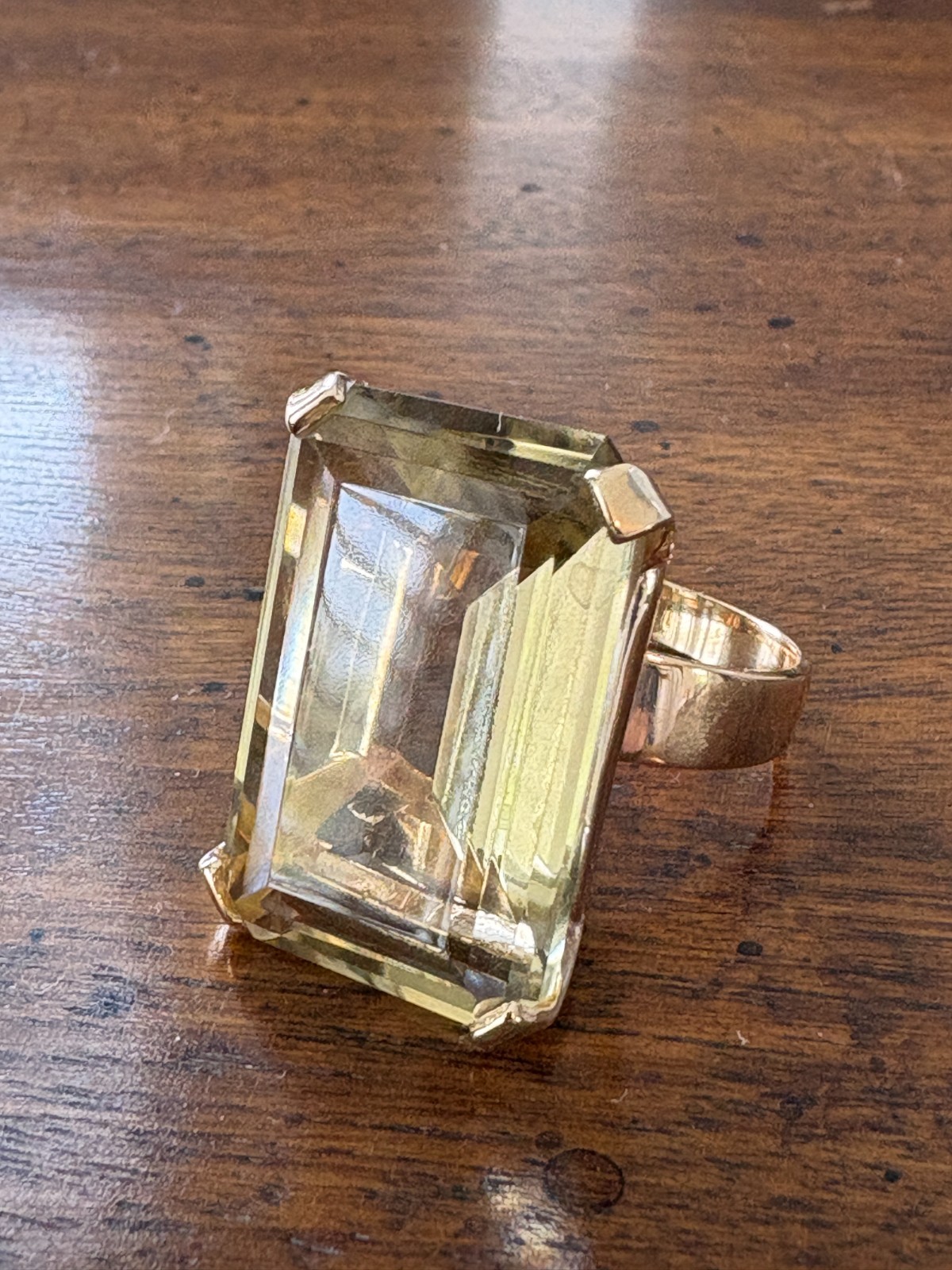 Vintage 18k Gold Large Emerald Cut Quartz Cocktail Ring 13.77g Statement Ring