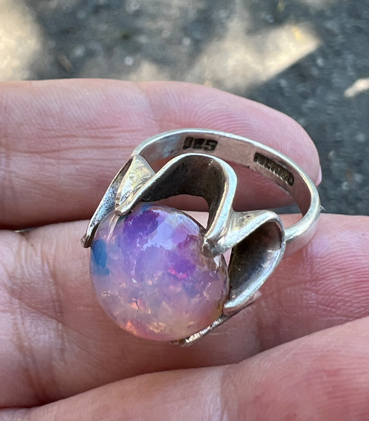 VINTAGE LARGE ROUND CABOCHON FAUX RAINBOW OPAL RING 925 STERLING SLVER MEXICO