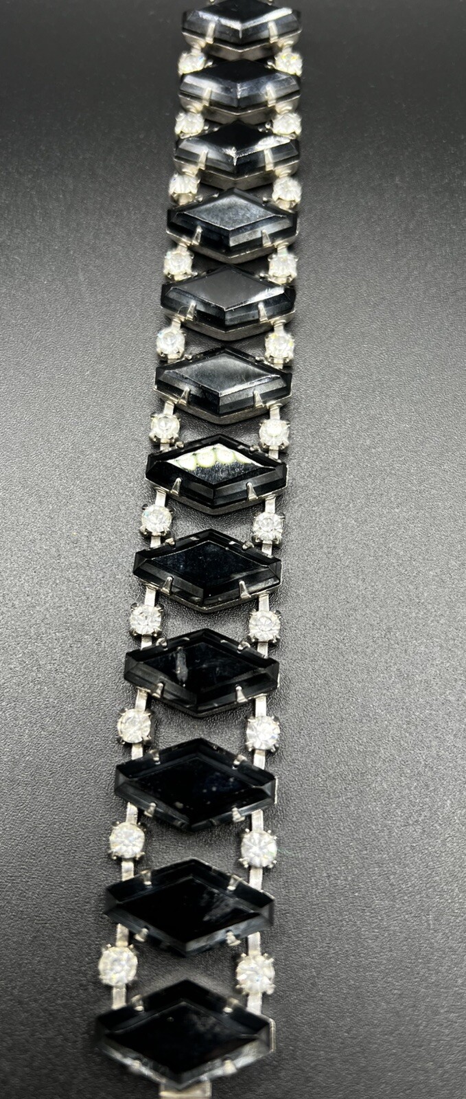 Vintage Black Rhinestone Lozenge Diamond Ice Bracelet 7.25″ Silver Tone