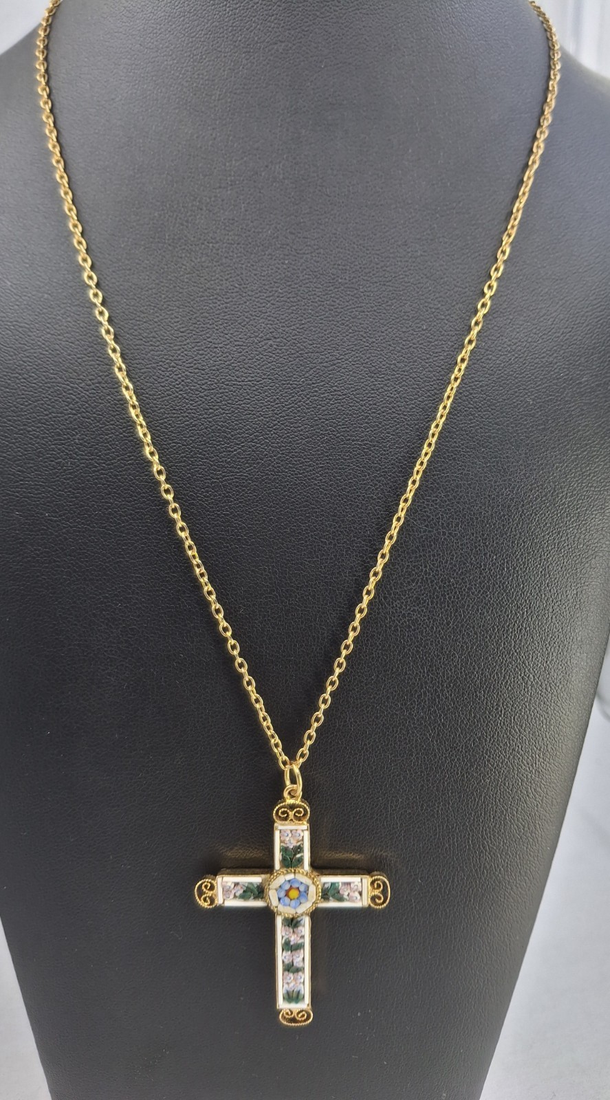 Vintage Italian Signed Micro Mosaic Gold-Plated Filigree Cross Pendant Necklace