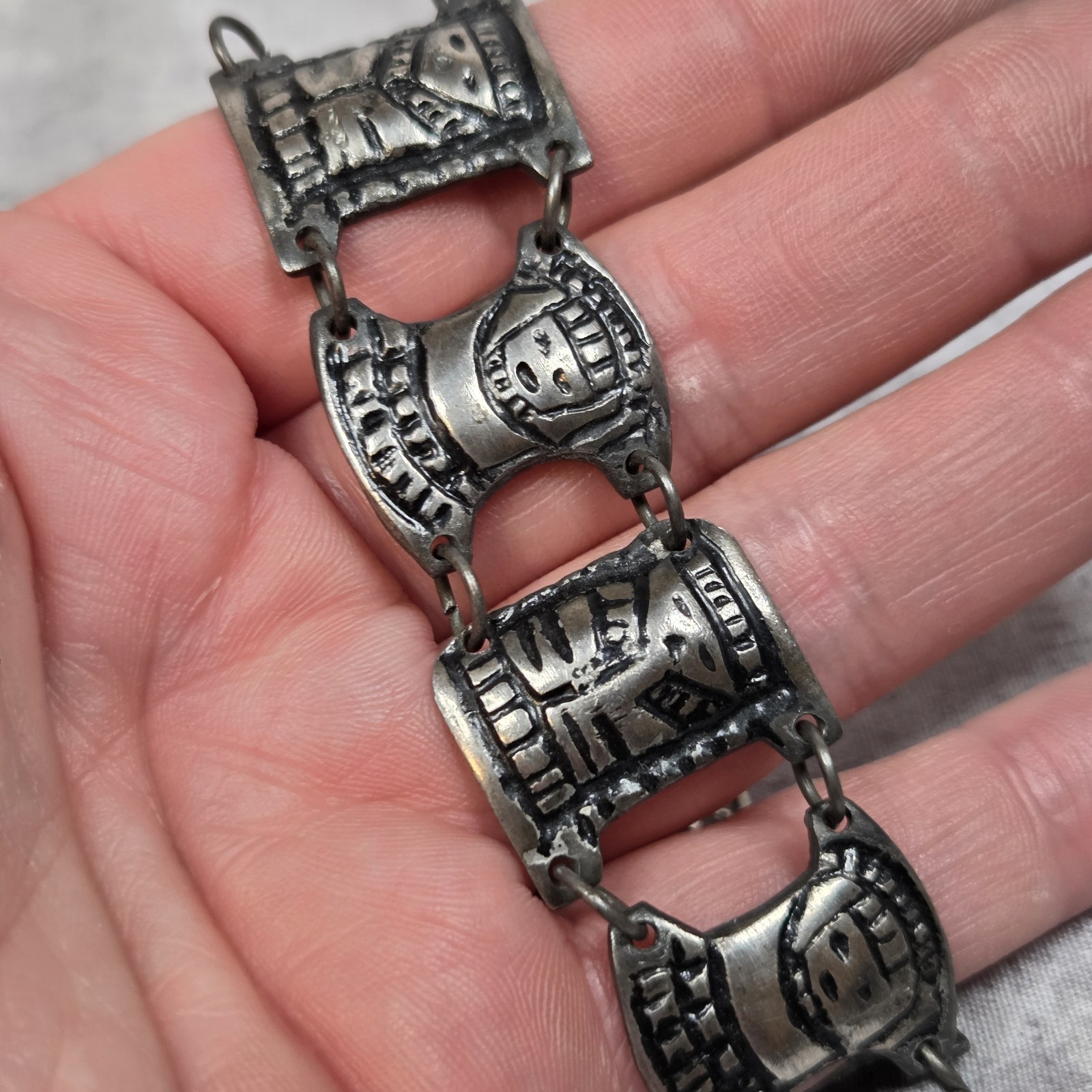 Vtg Mid Century C GENA Colombia 900 Silver Coin Panel Storyteller Bracelet 44g