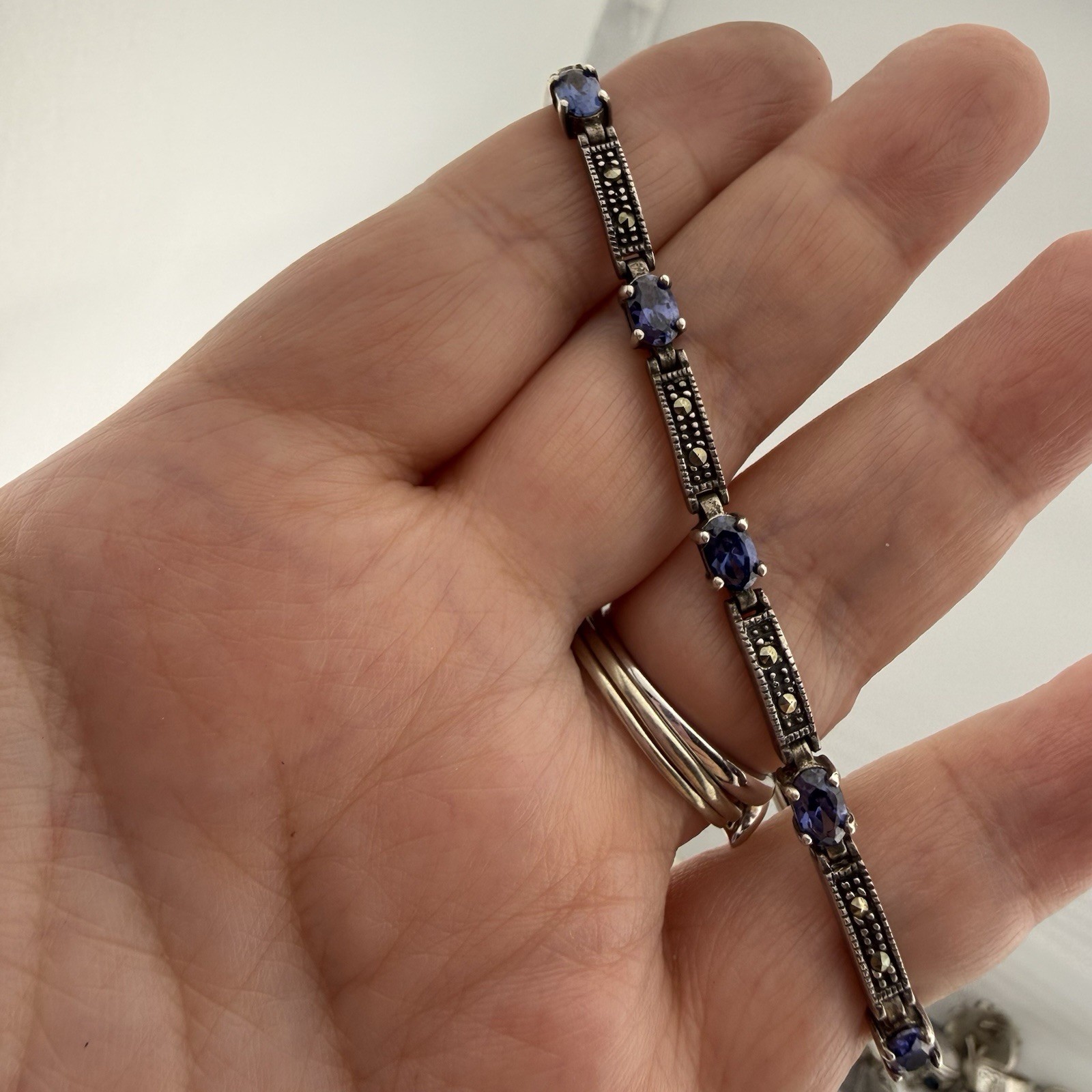 Vintage 925 CW Sterling Bracelet Blue Stones Marcasite 7.5” 13.36g