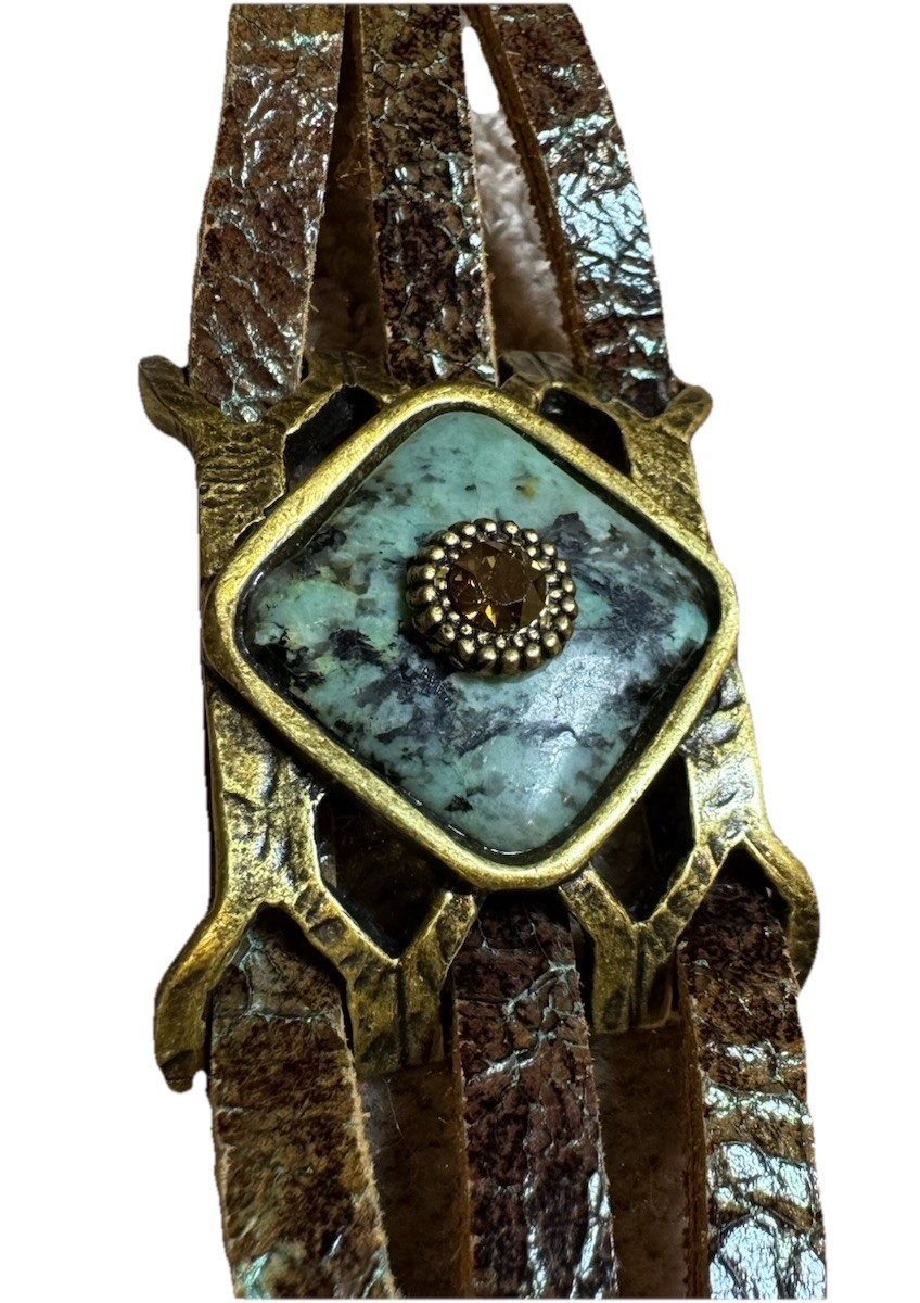 Bracelet LeatherRock Textured Band Turquoise Stone Rhinestone Brass Accents M&W.