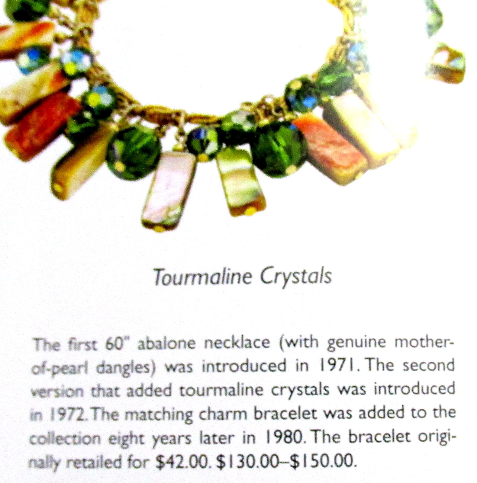 VTG RUNWAY NAPIER 60″ CHAIN ABALONE MOP GREEN CRYSTAL BEAD NECKLACE BOOK PIECE