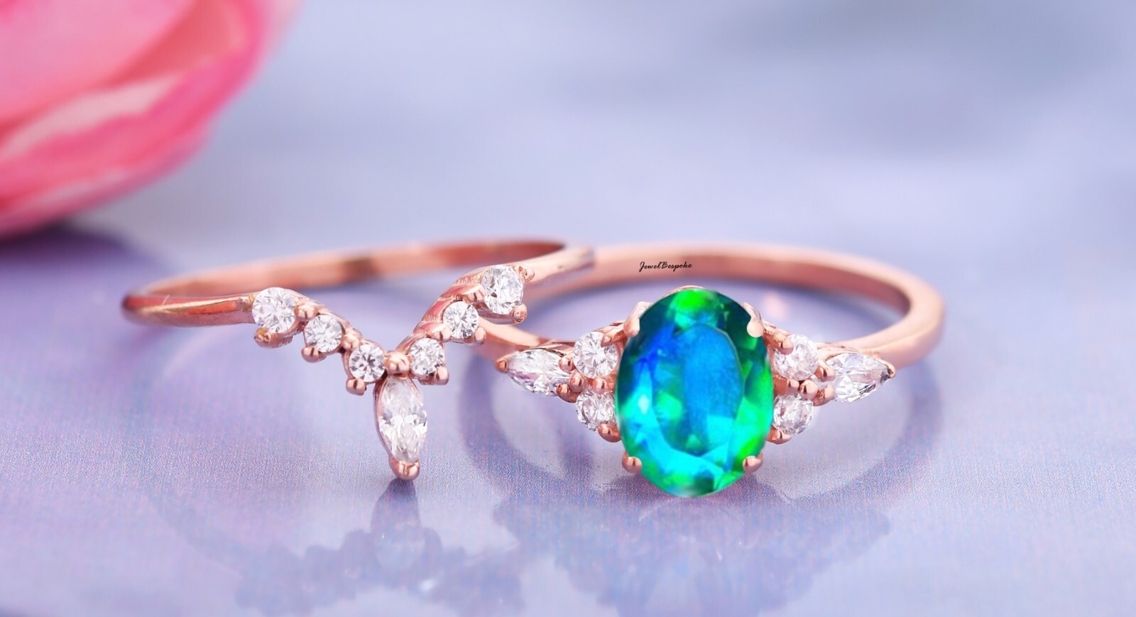 Oval Cut Peacock Quartz Engagement Ring Set 2 Pcs 14K Gold Plated Ring Gifts