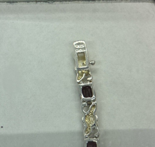 Vintage 925 Sterling Silver Red Garnet Gemstone Floral Link Bracelet