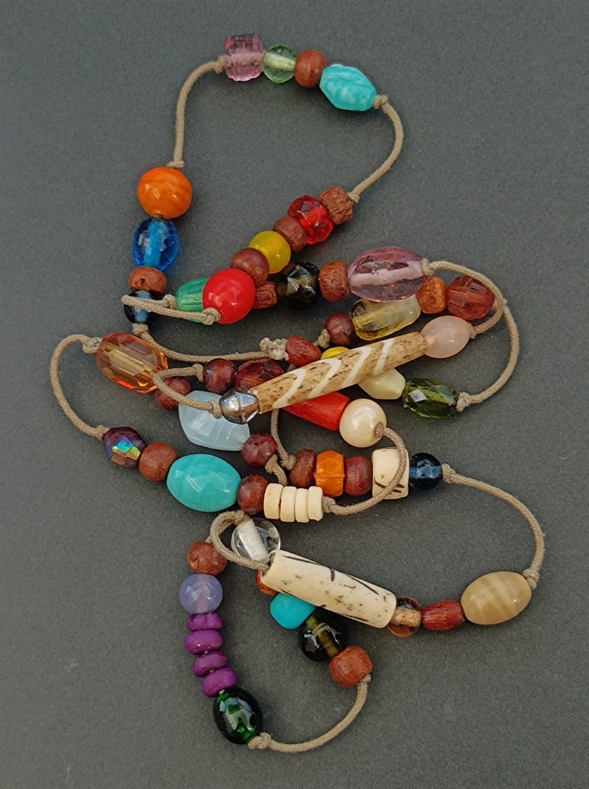 Vintage Long Boho Lariat Necklace Mixed Beads Glass Ceramic Wood Knotted Station