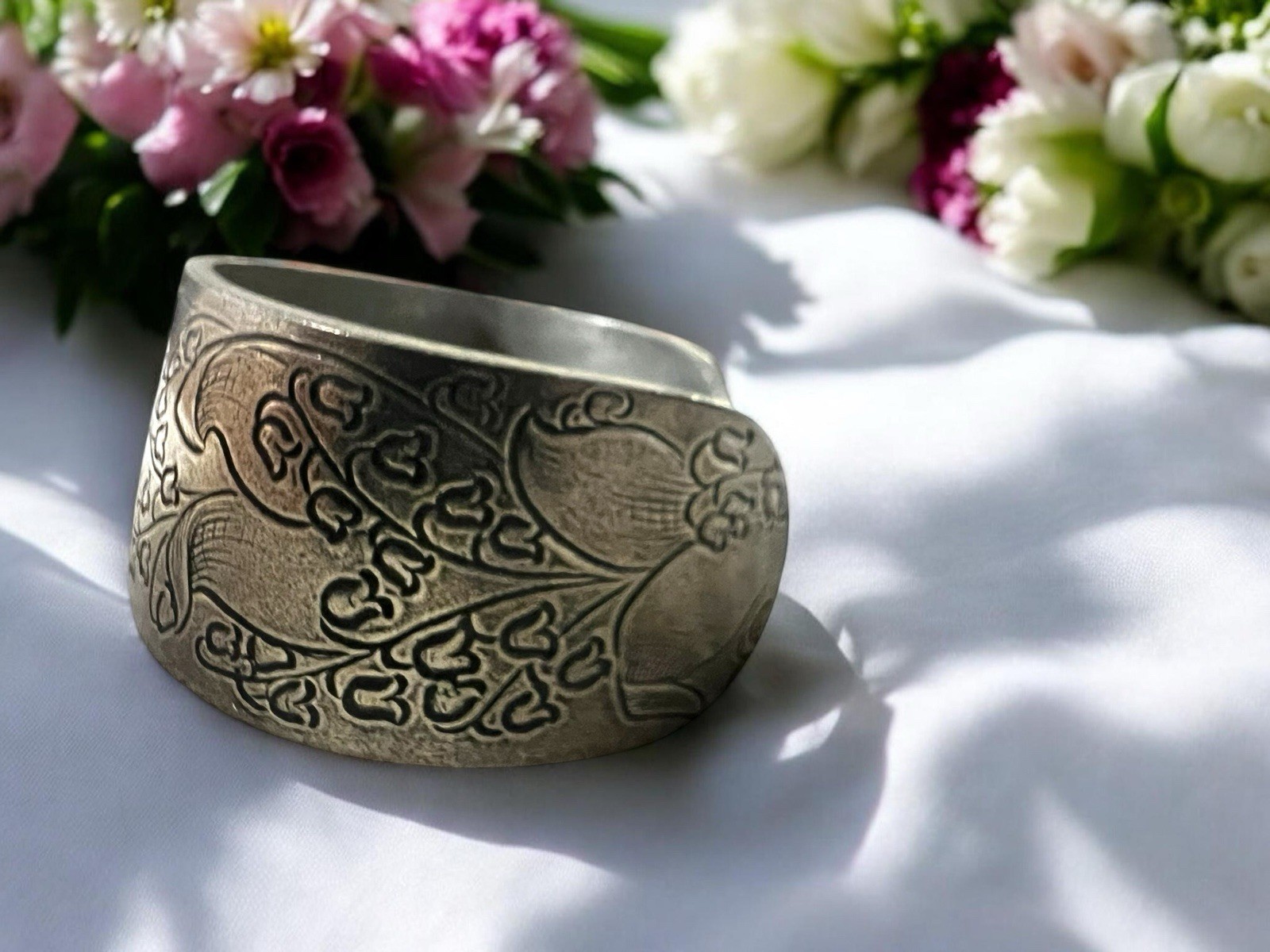 Salisbury Pewter Flower of the Month May Lilly Of Valley 2” Wide Cuff Bracelet