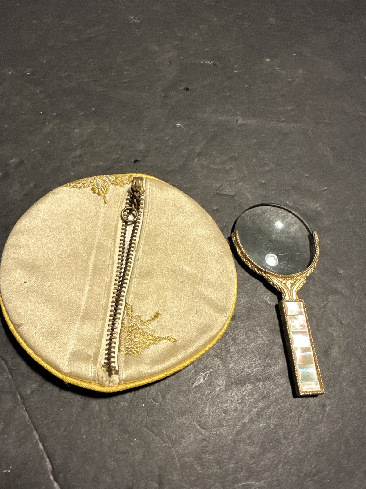 Art Deco Ornate Gold Mother of Pearl Magnifying Glass Circa 1920’s Measures 4#M4