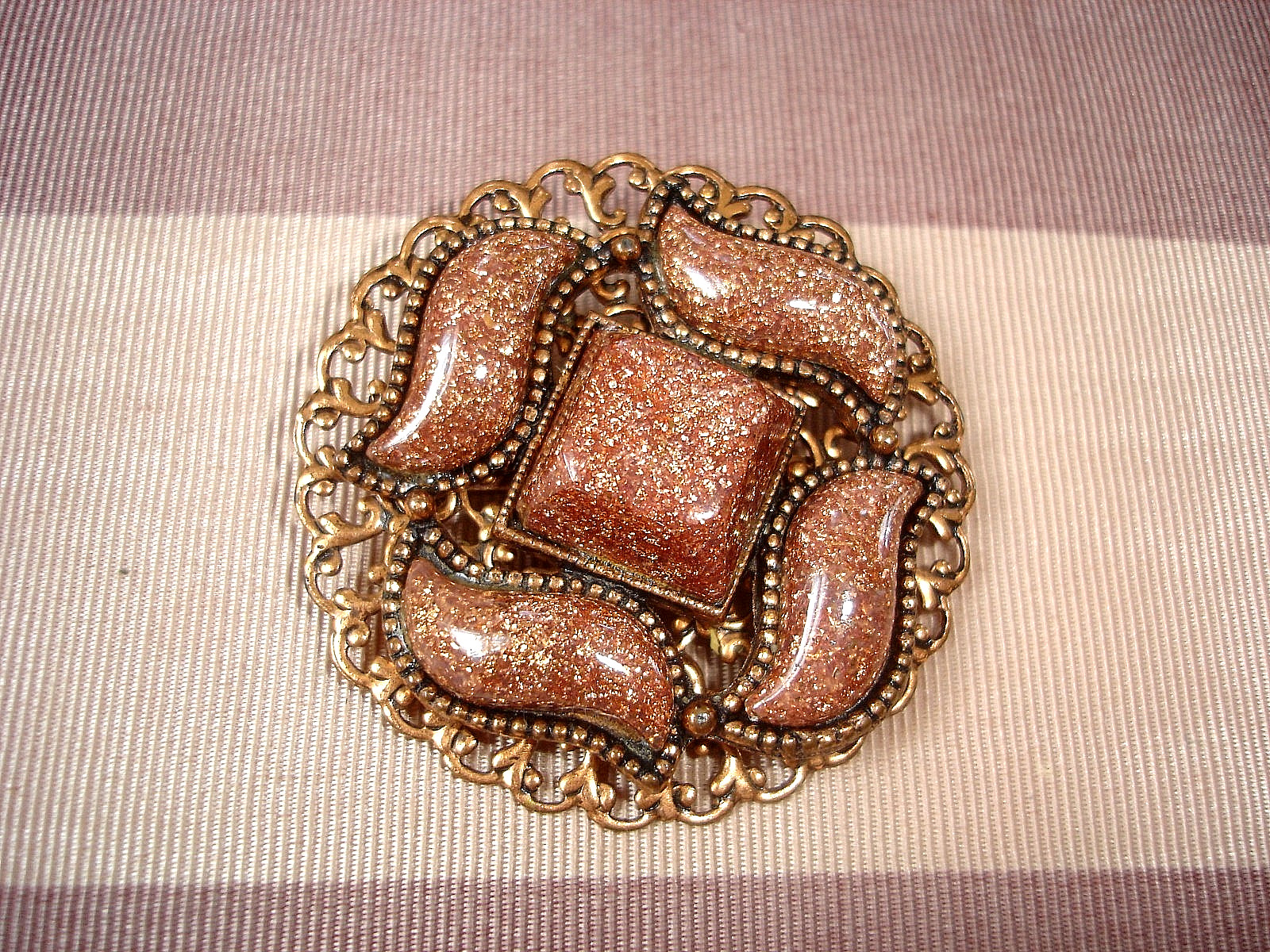 Vintage Lovely Almost 2 Inch Round Filigree Copper Sparkly GOLDSTONE Pin Brooch