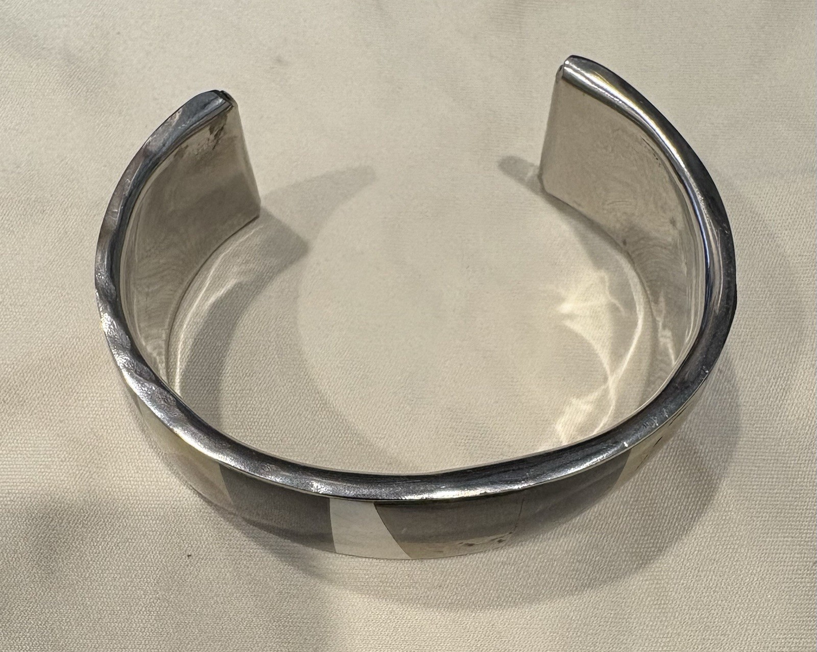 Vintage Silver Tone With Shell And Stone Inlay Cuff Bracelet, 2.5 inch diameter
