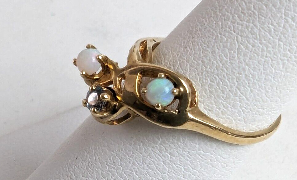 14k Yellow Gold Natural Australian Opals and Aquamarine Ring Size 5.5